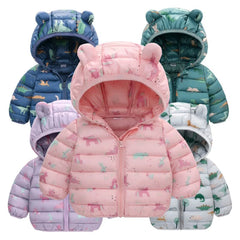 Casaco Infantil Leve com Capuz – Jaqueta de Inverno para Meninos e Meninas, Estampa de Dinossauro, Quente e Confortável (1-5 Anos)