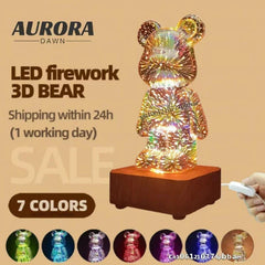 LED 3D Bear Firework Night Light USB Projector Lamp Color Changeable Ambient Lamp Suitable for Children Room Bedroom Decoration