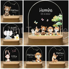 Personalized Baby Birth Night Light Custom Name Animal Elephant Lion with USB Wood Base Lamp for Bedroom Table Rainbow Decor