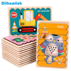 Cartoon Animal Double-sided Strip Wooden Puzzles Kids Montessori Jigsaw Game Baby Educational Toys for Children