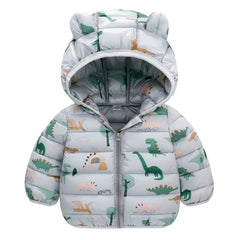 Casaco Infantil Leve com Capuz – Jaqueta de Inverno para Meninos e Meninas, Estampa de Dinossauro, Quente e Confortável (1-5 Anos)