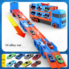 Large Car Transporter Truck Folding Track Racing Vehicle Kids Competitive Games Storage Alloy Car Boy Toy Children Novel Gift