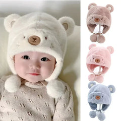 Cute Winter Warm Kids Girl Boys Baby Hats Fleece Wool Hemming Caps with Ball Solid Wool Ear Protection Hats Soft Newborn Bonnet